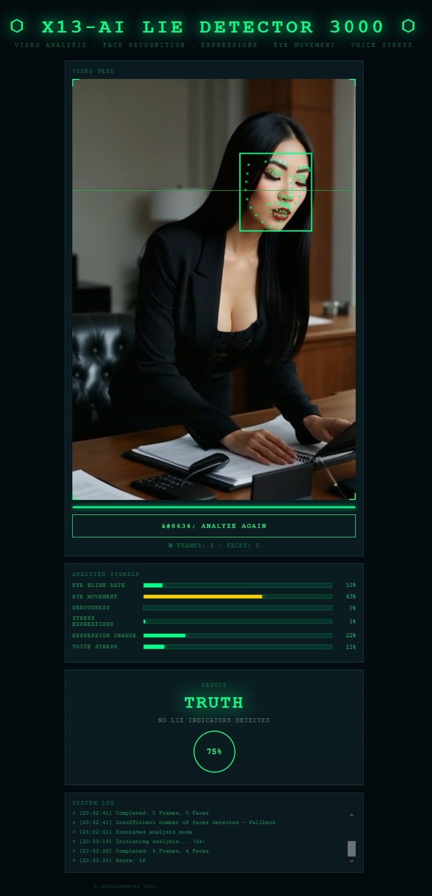 X13-AI Lie Detector 3000 — AI facial analysis in progress. Micro-expressions, voice stress and involuntary signals analyzed in real time.
